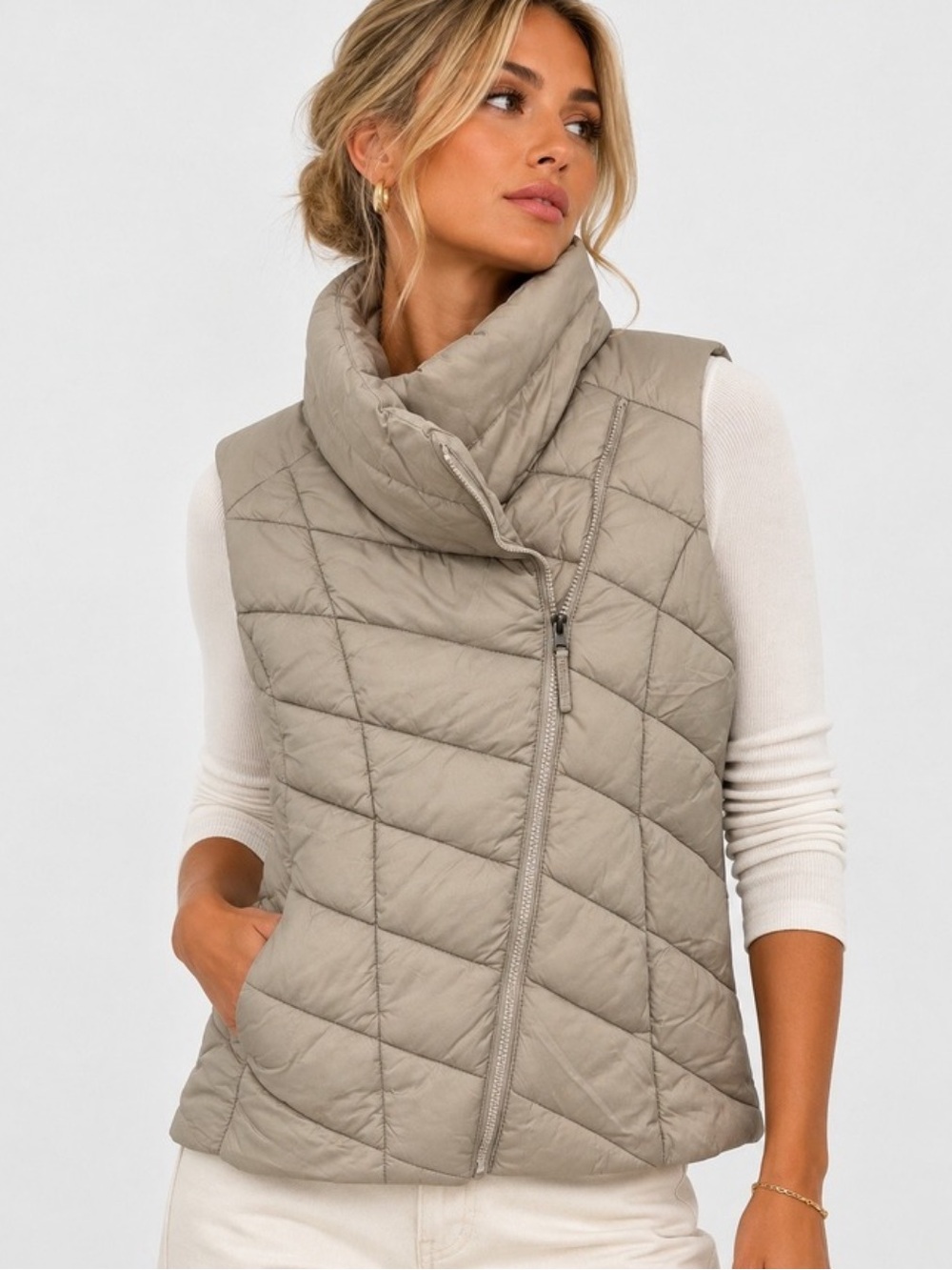 Nicole Miller Original Classic Cream Quilted Zip Up Puffer Vest Layer Jacket XL